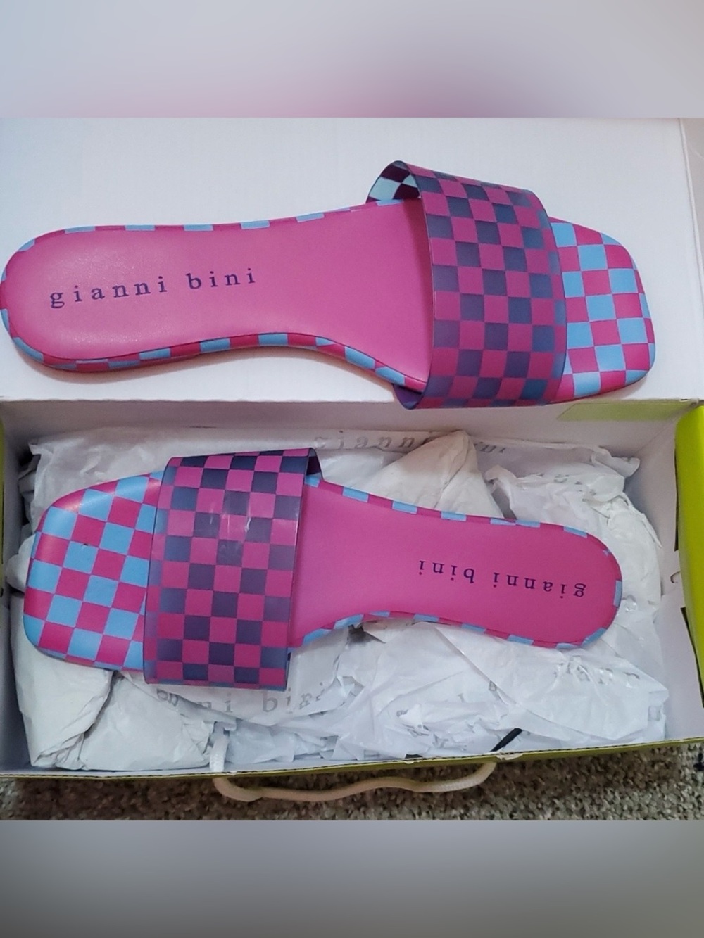 CUTE!! Gianni Bini Pink and Blue Checker Slide Sandals NEW IN BOX!!